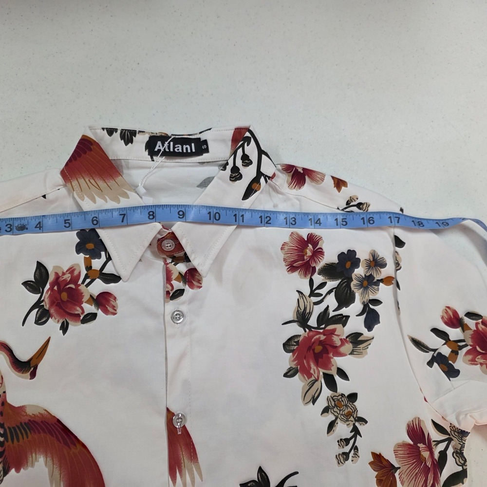 Atlanl Mens Short Sleeve Button Down Shirt White Red Crane Floral Print Size S - Picture 6 of 11